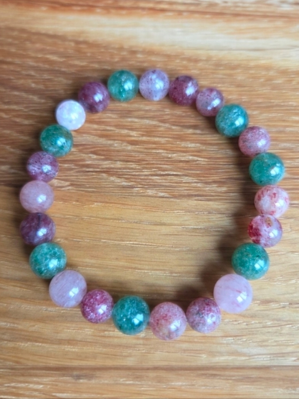 Pink & Green Strawberry Quartz Beads Stretch Bracelet, Hand Crafted